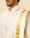 alt message - Manyavar Men Bright Cream Detailed Traditional South Indian Shirt and Veshti Set image number 1