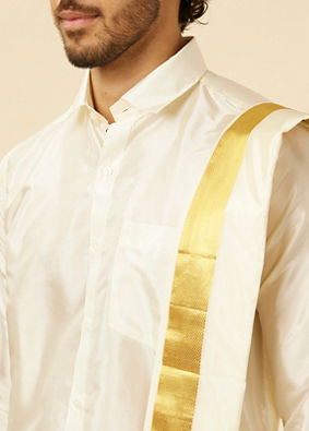 Bright Cream Detailed Traditional South Indian Shirt and Veshti Set image number 1