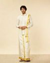 Manyavar Men Bright Cream Detailed Traditional South Indian Shirt and Veshti Set