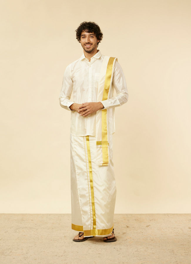 alt message - Manyavar Men Bright Cream Detailed Traditional South Indian Shirt and Veshti Set image number 2