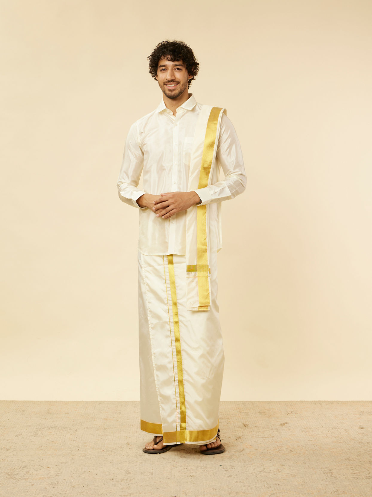 Manyavar Men Bright Cream Detailed Traditional South Indian Shirt and Veshti Set