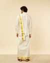 alt message - Manyavar Men Bright Cream Detailed Traditional South Indian Shirt and Veshti Set image number 4