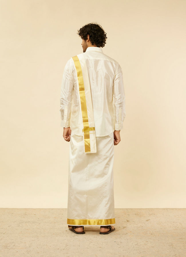 alt message - Manyavar Men Bright Cream Detailed Traditional South Indian Shirt and Veshti Set image number 4