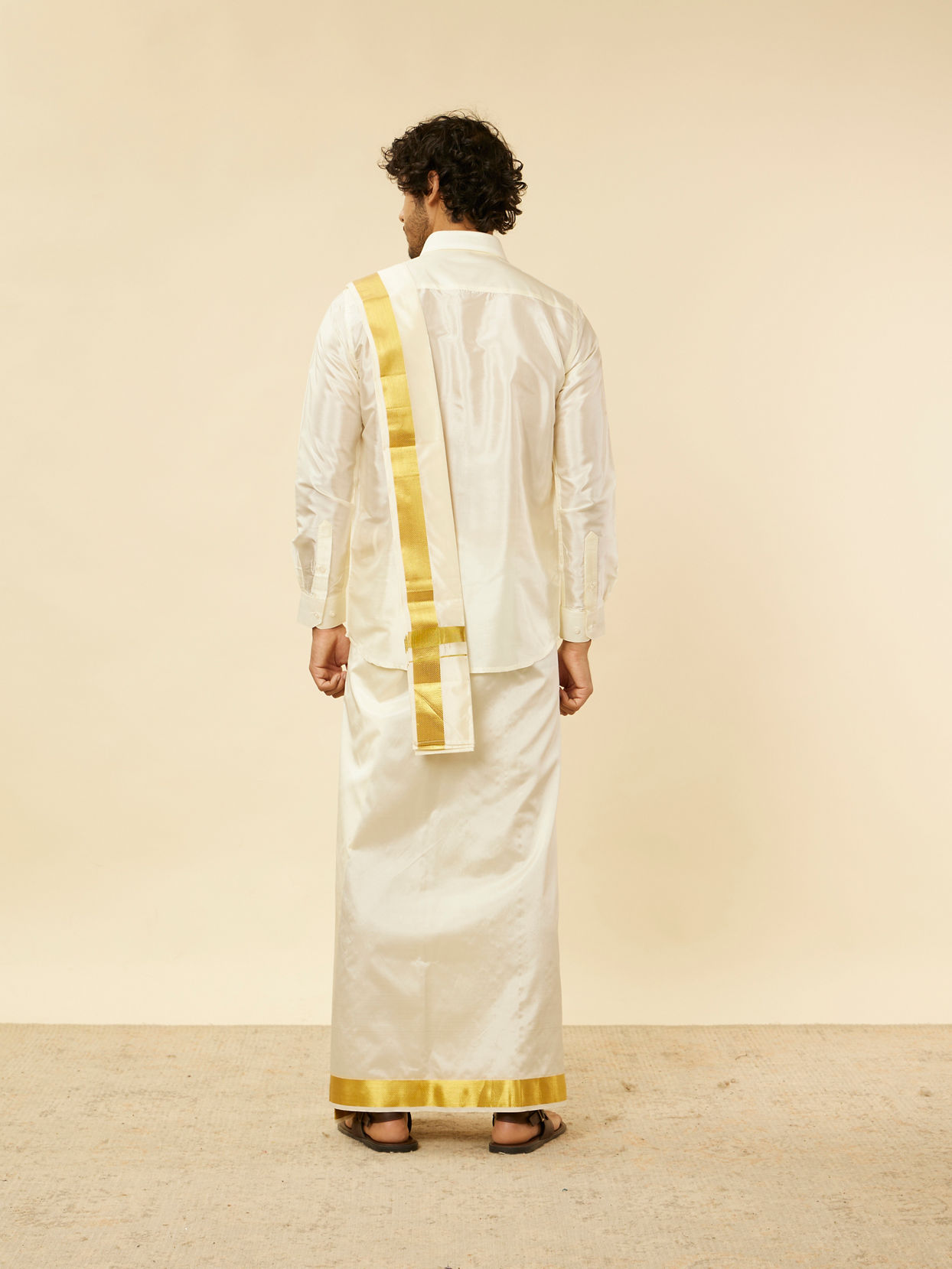 alt message - Manyavar Men Bright Cream Detailed Traditional South Indian Shirt and Veshti Set image number 4