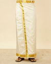 alt message - Manyavar Men Bright Cream Detailed Traditional South Indian Shirt and Veshti Set image number 3