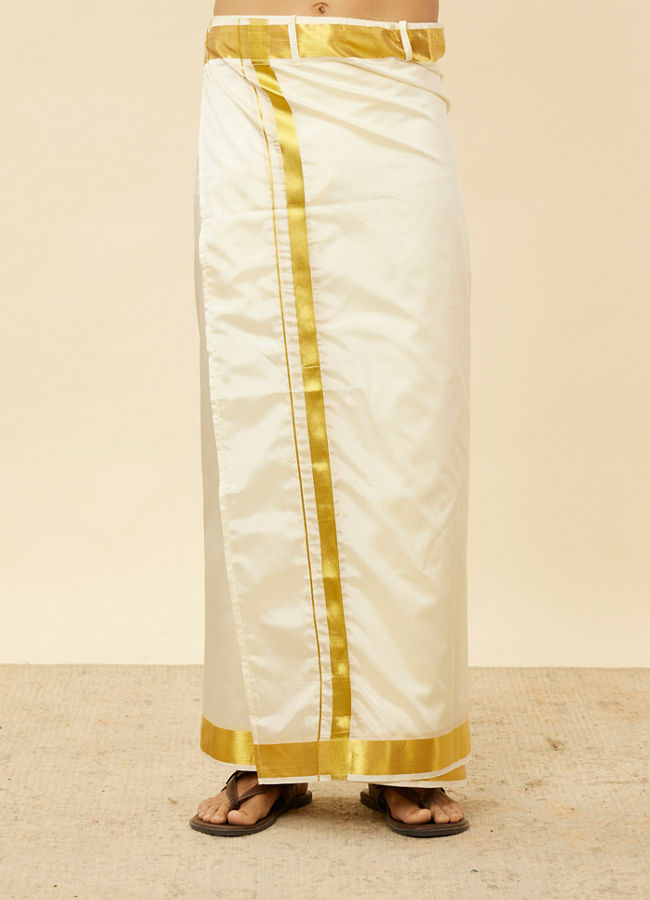 alt message - Manyavar Men Bright Cream Detailed Traditional South Indian Shirt and Veshti Set image number 3