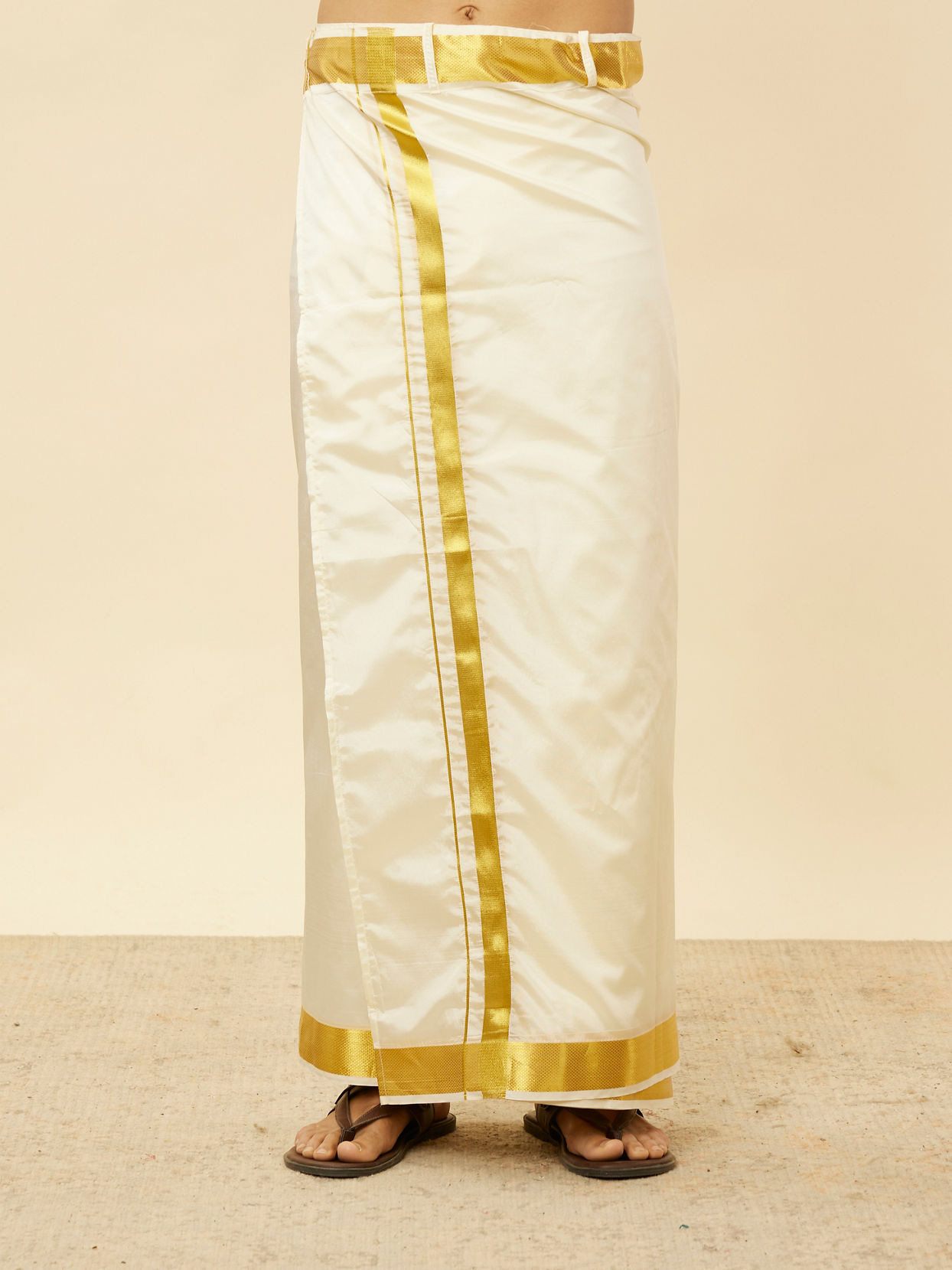 alt message - Manyavar Men Bright Cream Detailed Traditional South Indian Shirt and Veshti Set image number 3