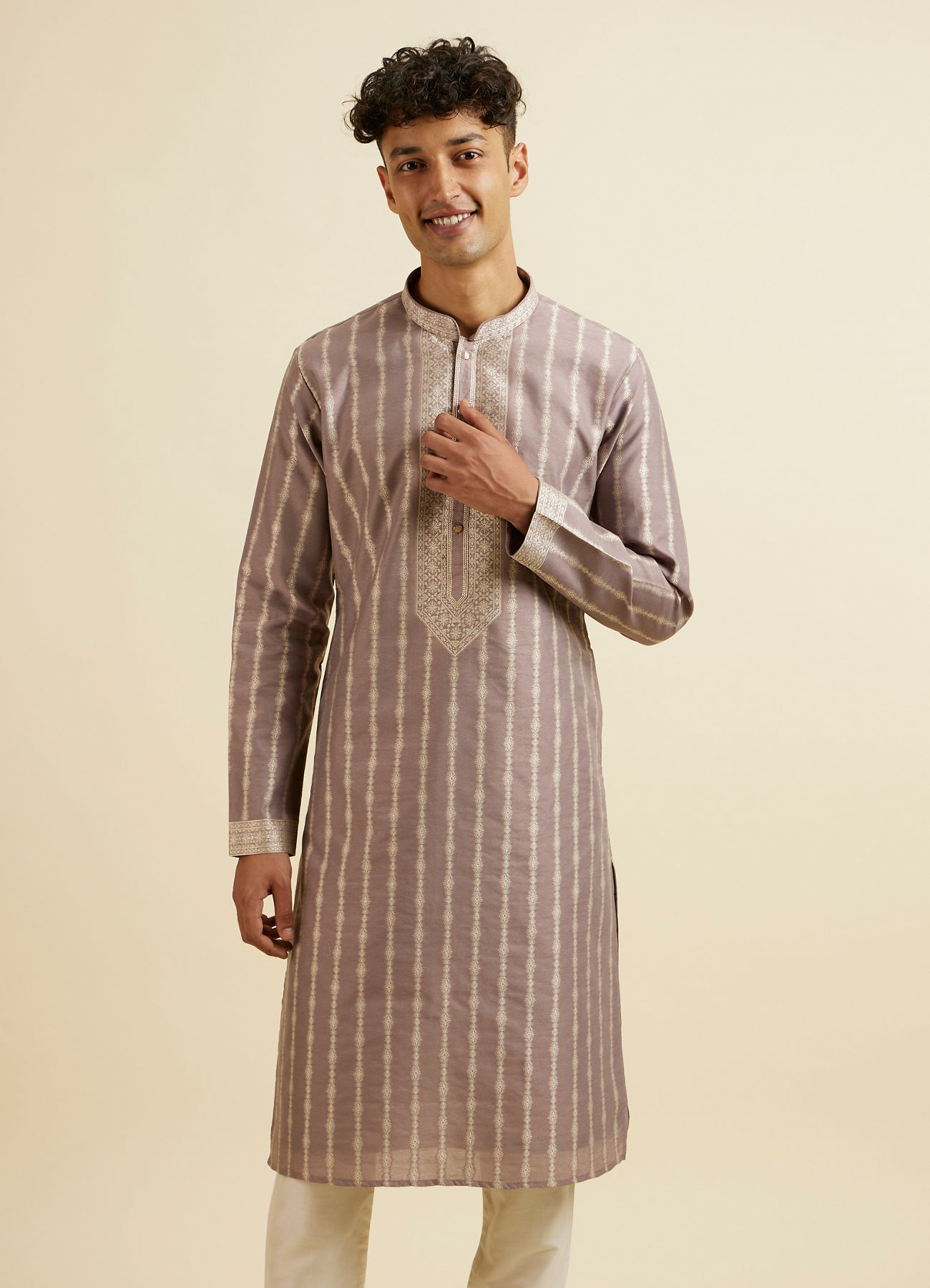 Manyavar Men Lilac Striped Kurta Set