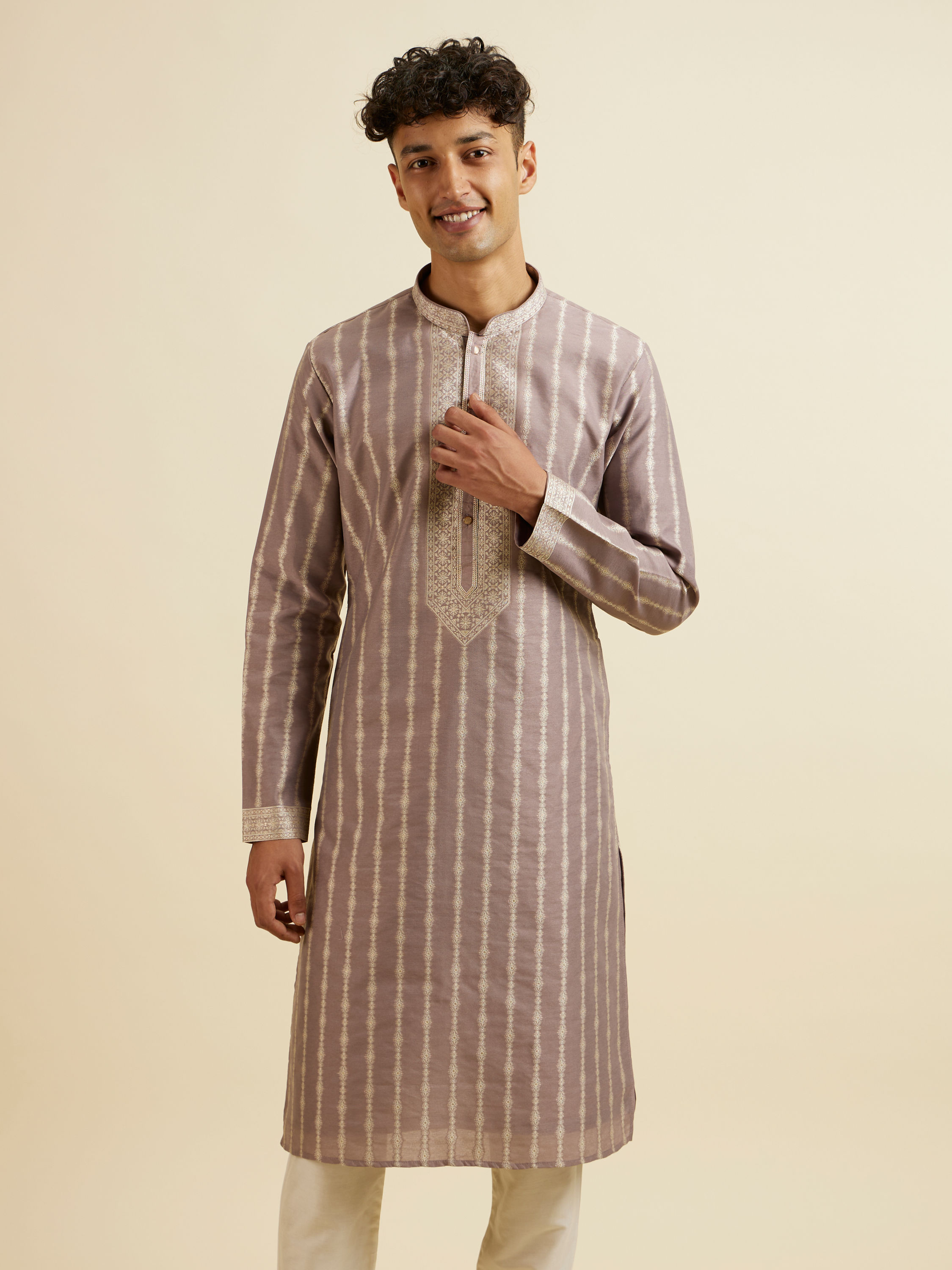 Manyavar Men Lilac Striped Kurta Set