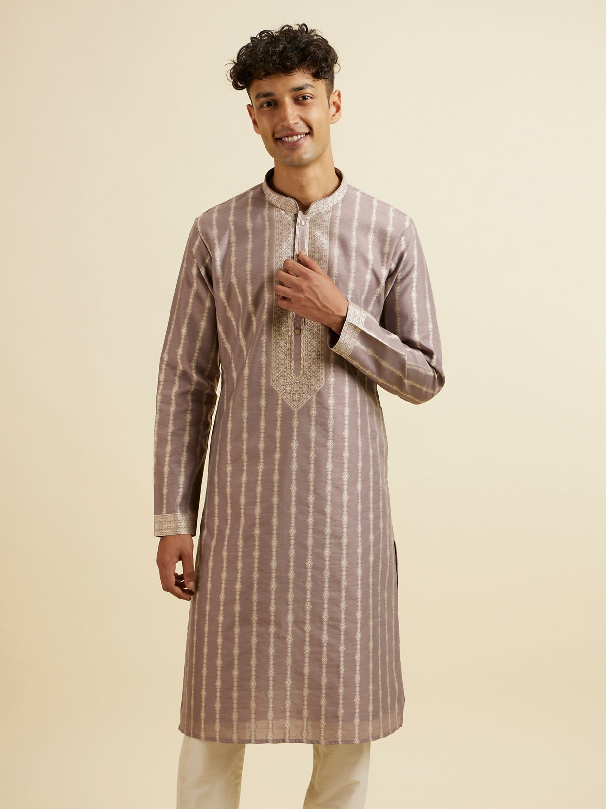 Manyavar Men Lilac Striped Kurta Set