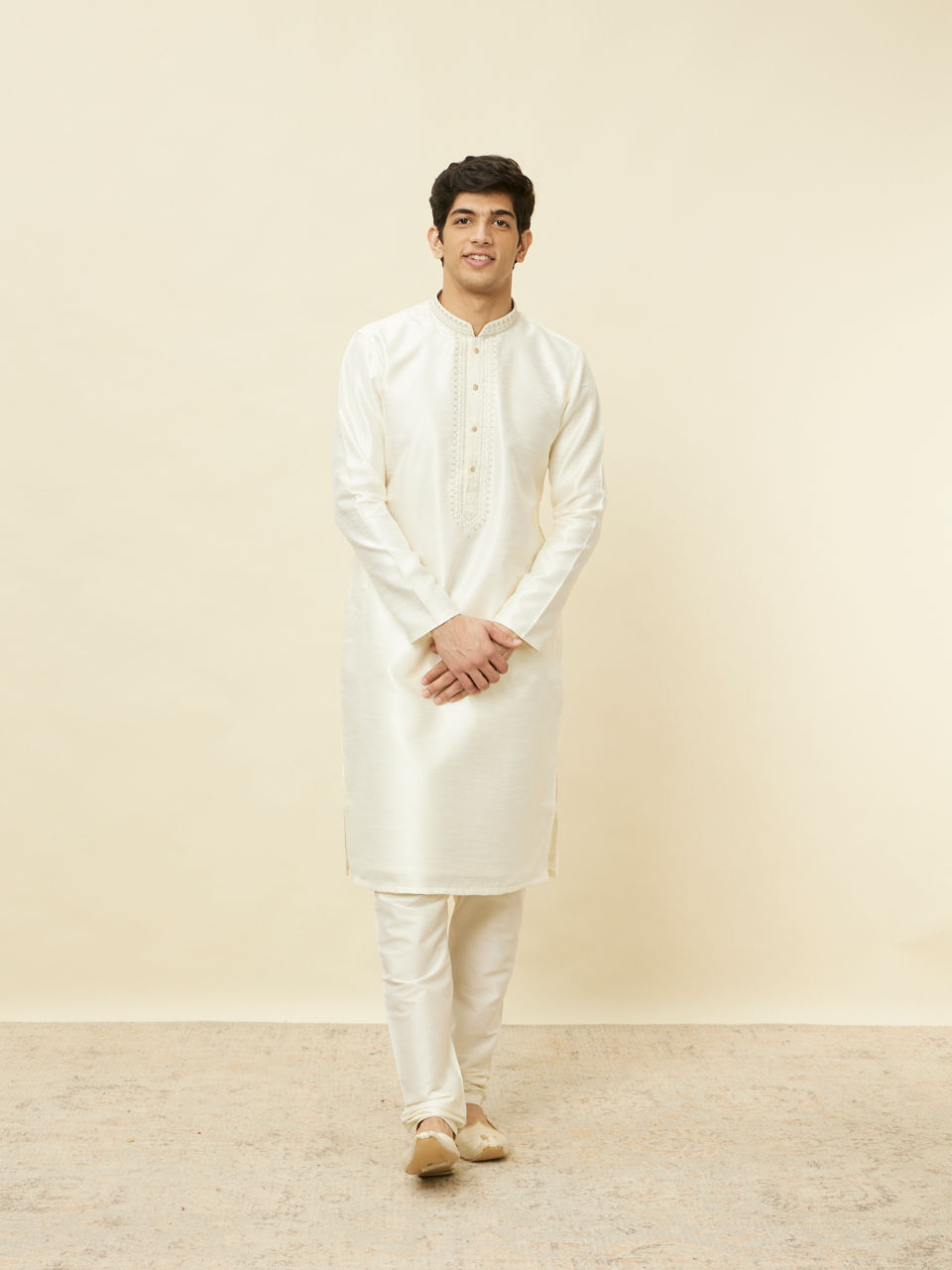 Manyavar Men Soft Cream Bandhgala Neckline Kurta Set