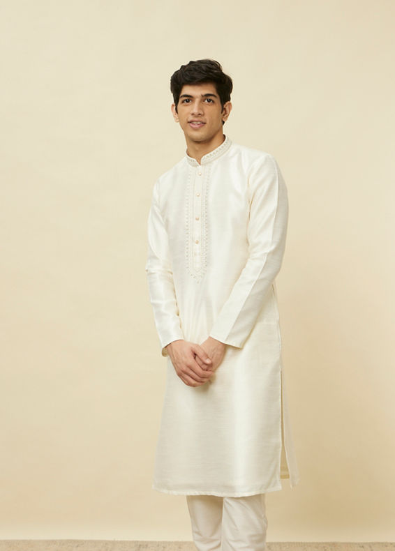 Manyavar Men Soft Cream Bandhgala Neckline Kurta Set