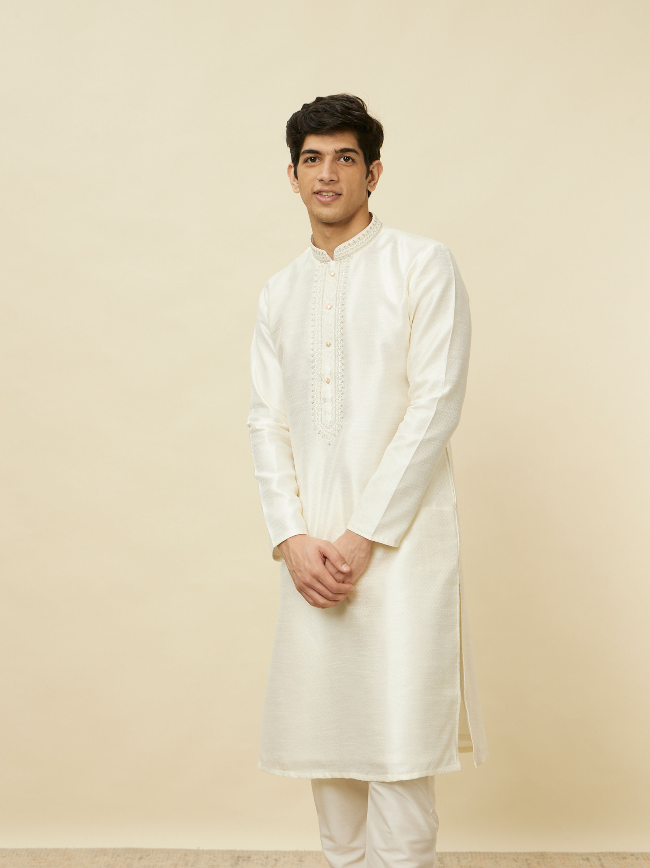 Manyavar Men Soft Cream Bandhgala Neckline Kurta Set