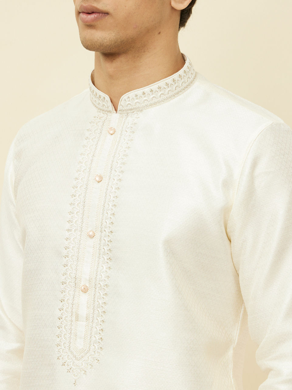 Manyavar Men Soft Cream Bandhgala Neckline Kurta Set