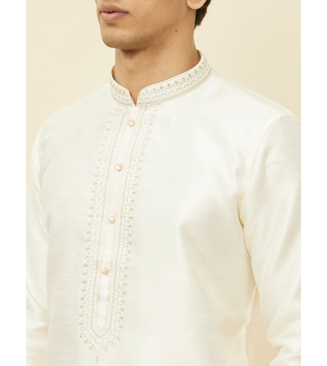 Manyavar Men Soft Cream Bandhgala Neckline Kurta Set