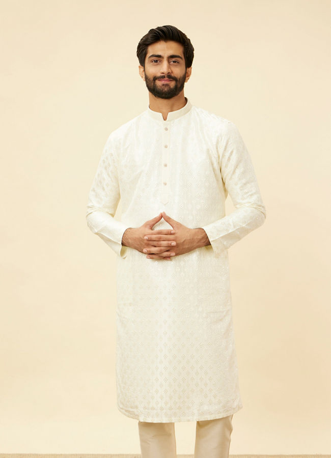 alt message - Manyavar Men Cream Diamond String Patterned Kurta Set image number 0