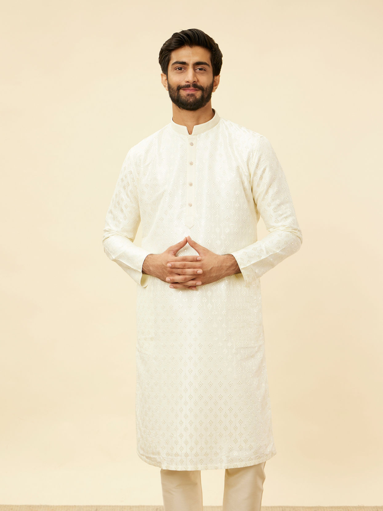 alt message - Manyavar Men Cream Diamond String Patterned Kurta Set image number 0