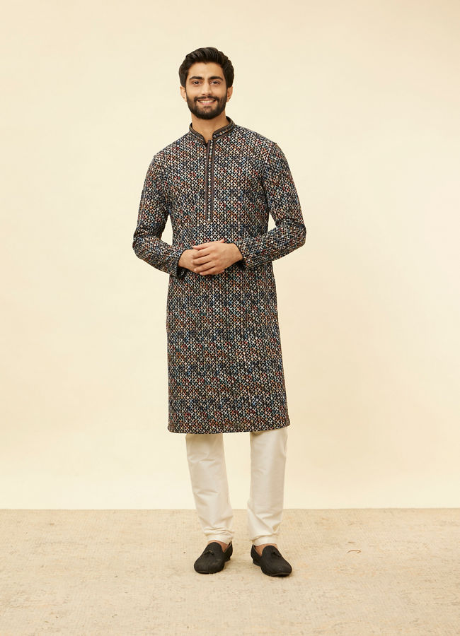 alt message - Manyavar Men Pristine White Diamond Patterned Kurta Set image number 2