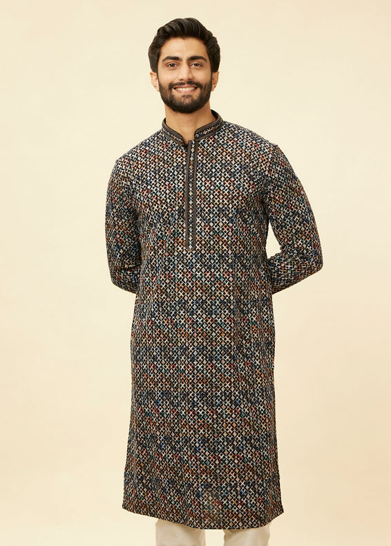 Manyavar Men Pristine White Diamond Patterned Kurta Set