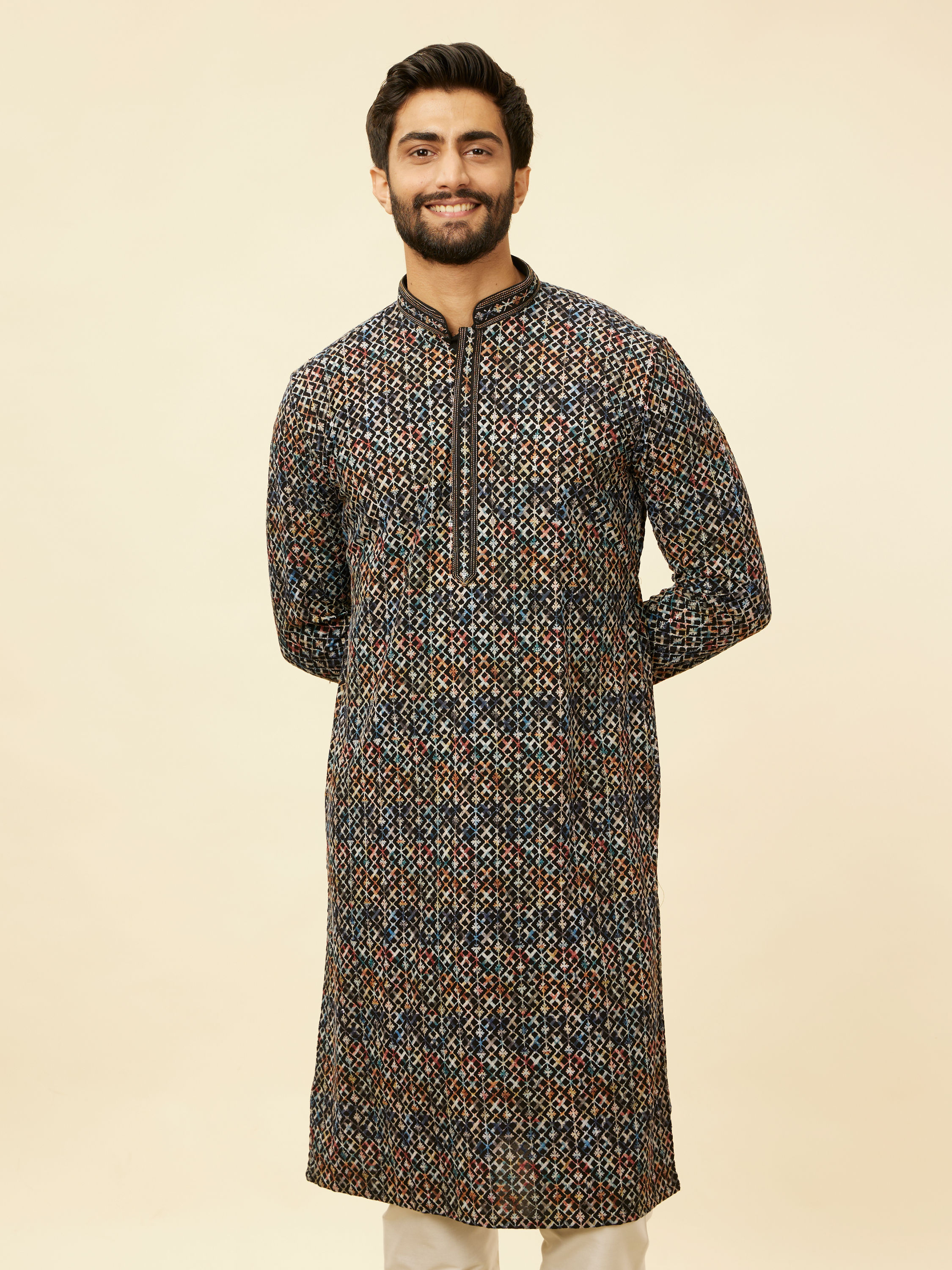 Manyavar Men Pristine White Diamond Patterned Kurta Set