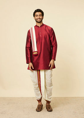 alt message - Manyavar Men Maroon and Cream Zari Detailed Traditional South Indian Dhoti Set image number 2