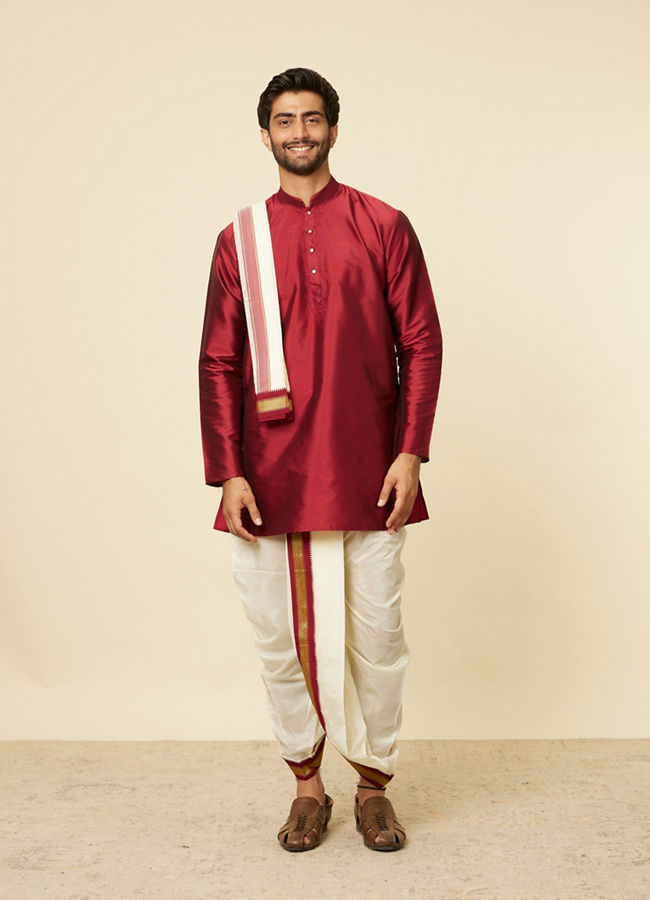 Maroon and Cream Zari Detailed Traditional South Indian Dhoti Set image number 2