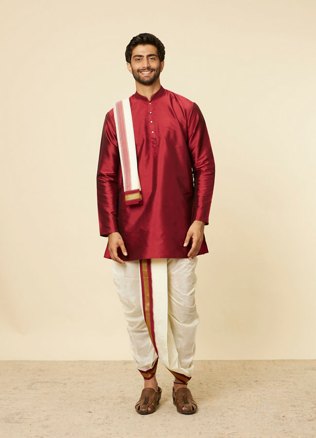 Manyavar Men Maroon and Cream Zari Detailed Traditional South Indian Dhoti Set