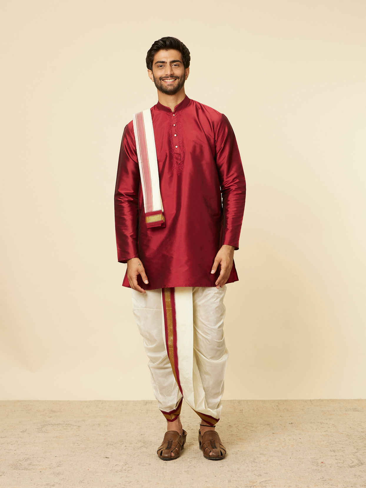 Maroon and Cream Zari Detailed Traditional South Indian Dhoti Set image number 2