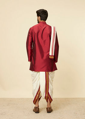 Maroon and Cream Zari Detailed Traditional South Indian Dhoti Set image number 5