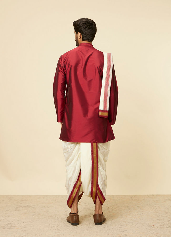 Maroon and Cream Zari Detailed Traditional South Indian Dhoti Set image number 5