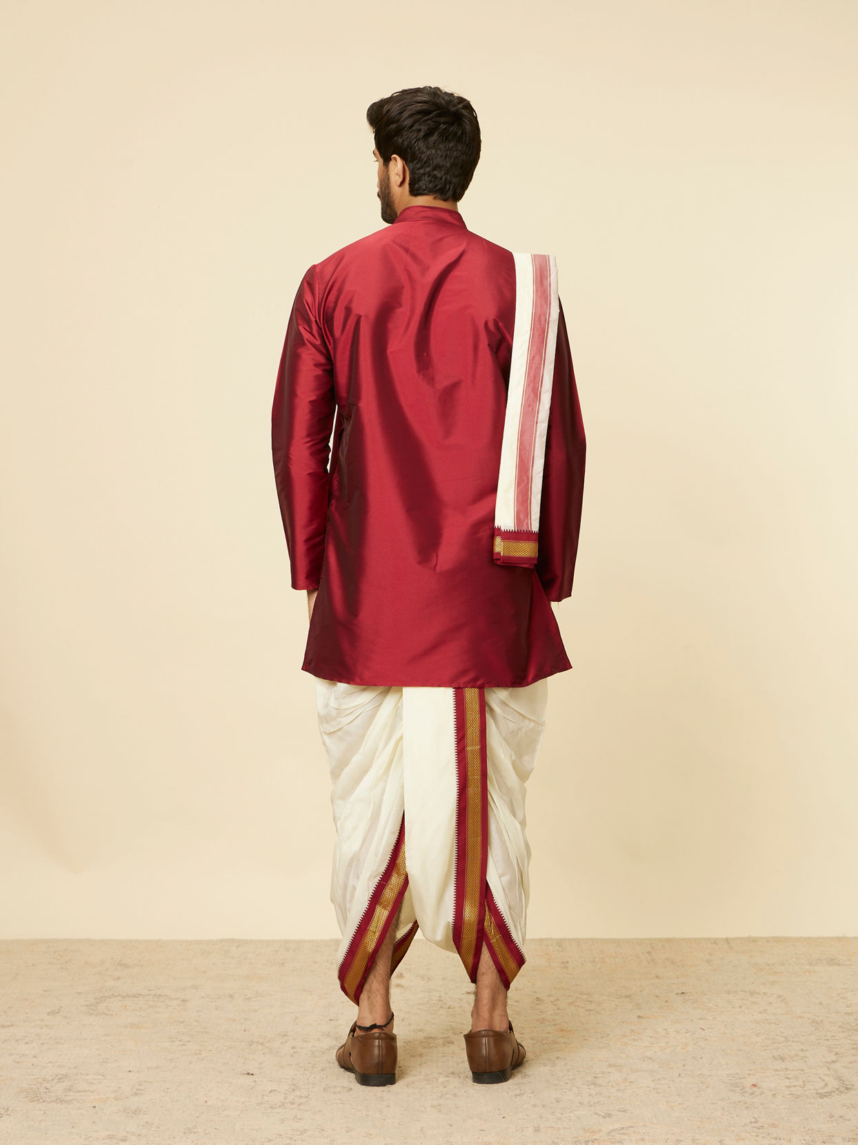 Maroon and Cream Zari Detailed Traditional South Indian Dhoti Set image number 5