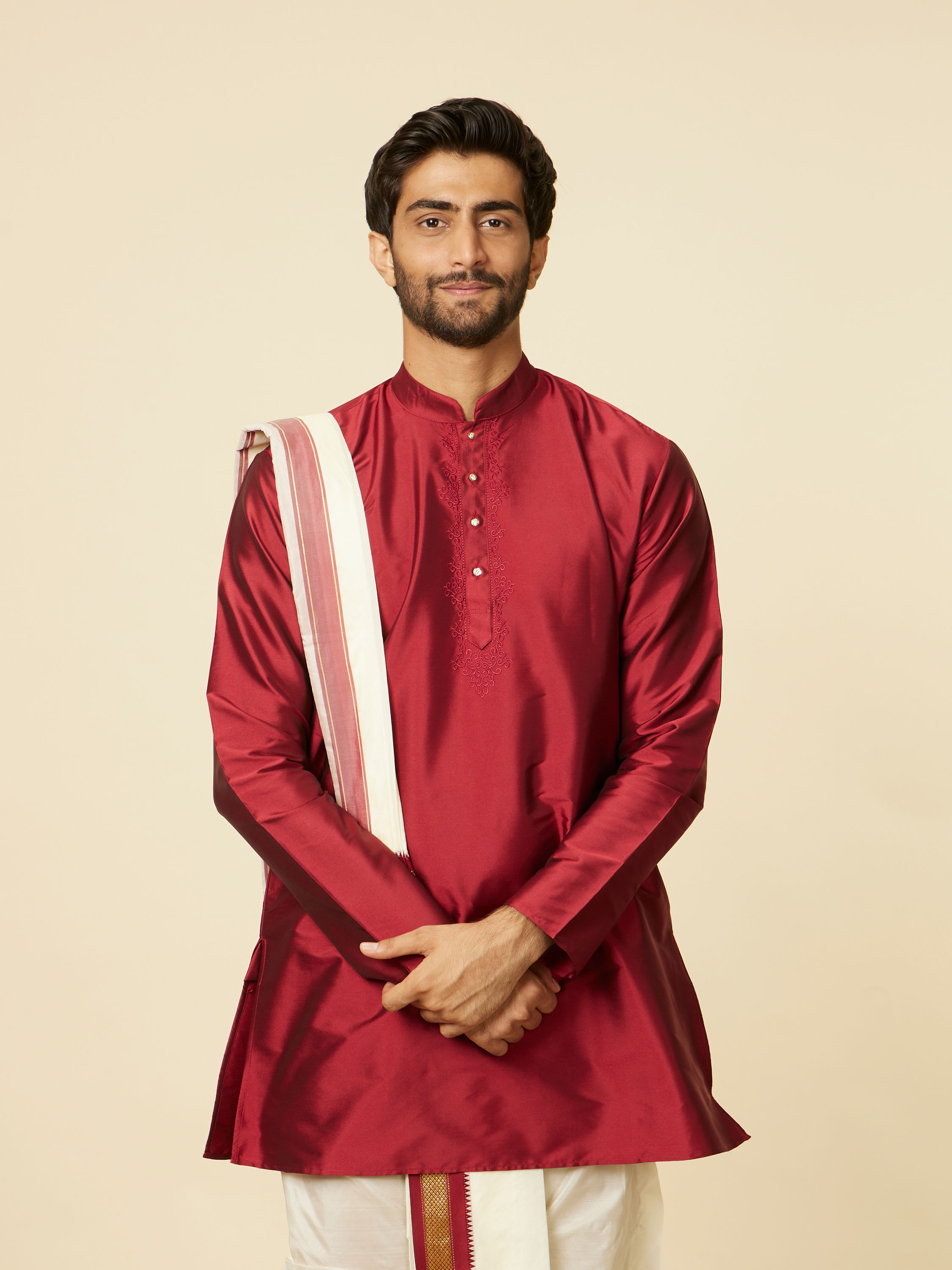 Manyavar Men Maroon and Cream Zari Detailed Traditional South Indian Dhoti Set