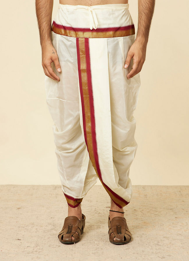 Maroon and Cream Zari Detailed Traditional South Indian Dhoti Set image number 4