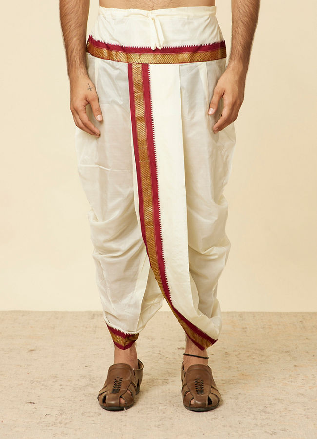 Manyavar Men Maroon and Cream Zari Detailed Traditional South Indian Dhoti Set