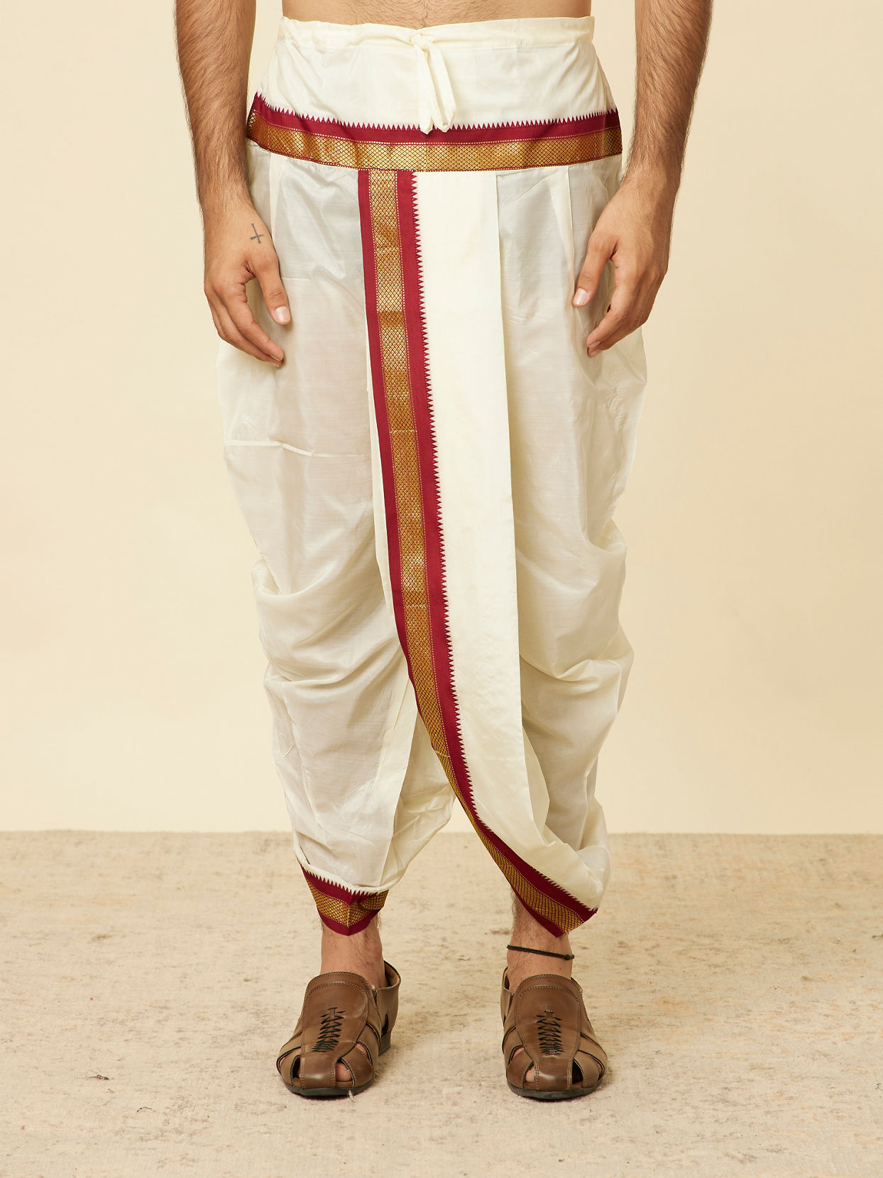 Manyavar Men Maroon and Cream Zari Detailed Traditional South Indian Dhoti Set