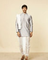 alt message - Manyavar Men Soft Grey and Cream Zari Detailed Traditional South Indian Dhoti Set image number 2