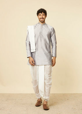 alt message - Manyavar Men Soft Grey and Cream Zari Detailed Traditional South Indian Dhoti Set image number 2