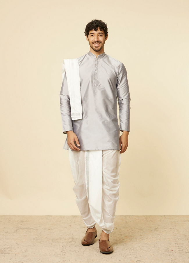 Manyavar Men Soft Grey and Cream Zari Detailed Traditional South Indian Dhoti Set