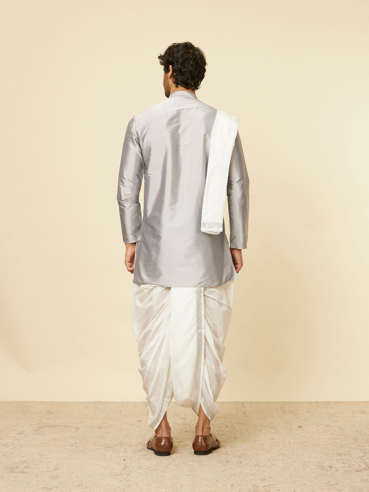 Manyavar Men Soft Grey and Cream Zari Detailed Traditional South Indian Dhoti Set