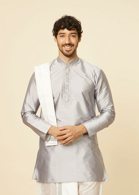 Manyavar Men Soft Grey and Cream Zari Detailed Traditional South Indian Dhoti Set