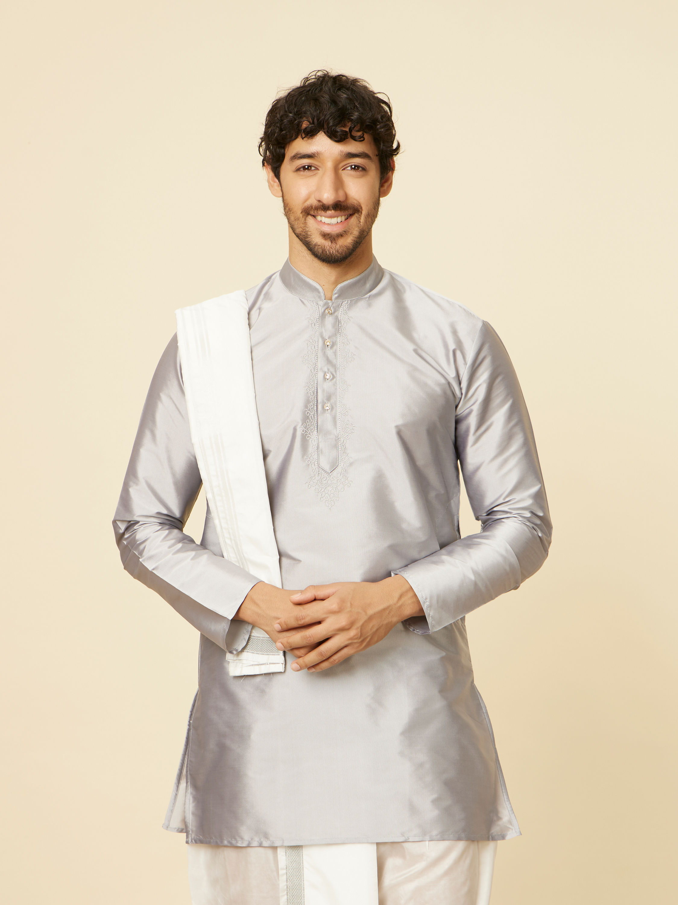 Manyavar Men Soft Grey and Cream Zari Detailed Traditional South Indian Dhoti Set