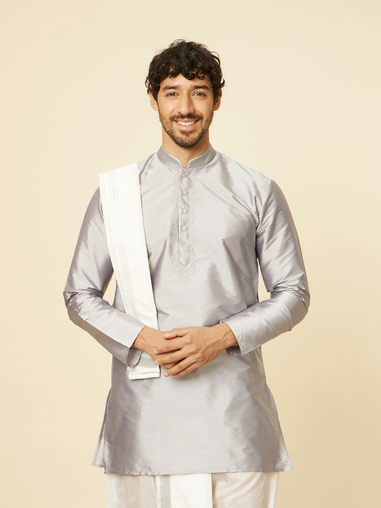 alt message - Manyavar Men Soft Grey and Cream Zari Detailed Traditional South Indian Dhoti Set image number 0