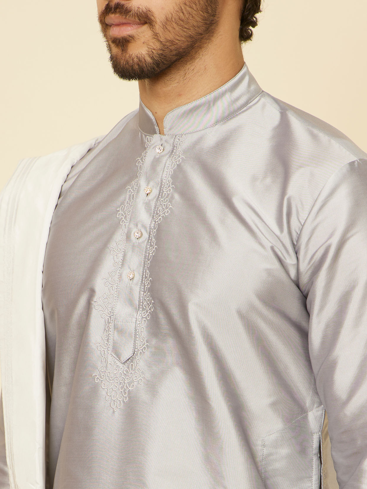 Manyavar Men Soft Grey and Cream Zari Detailed Traditional South Indian Dhoti Set