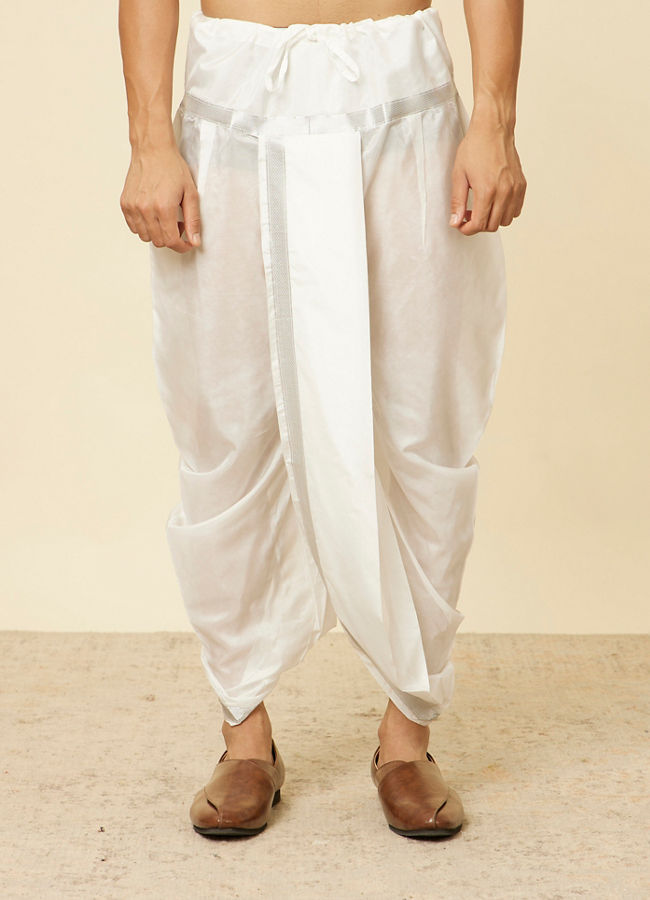 alt message - Manyavar Men Soft Grey and Cream Zari Detailed Traditional South Indian Dhoti Set image number 4