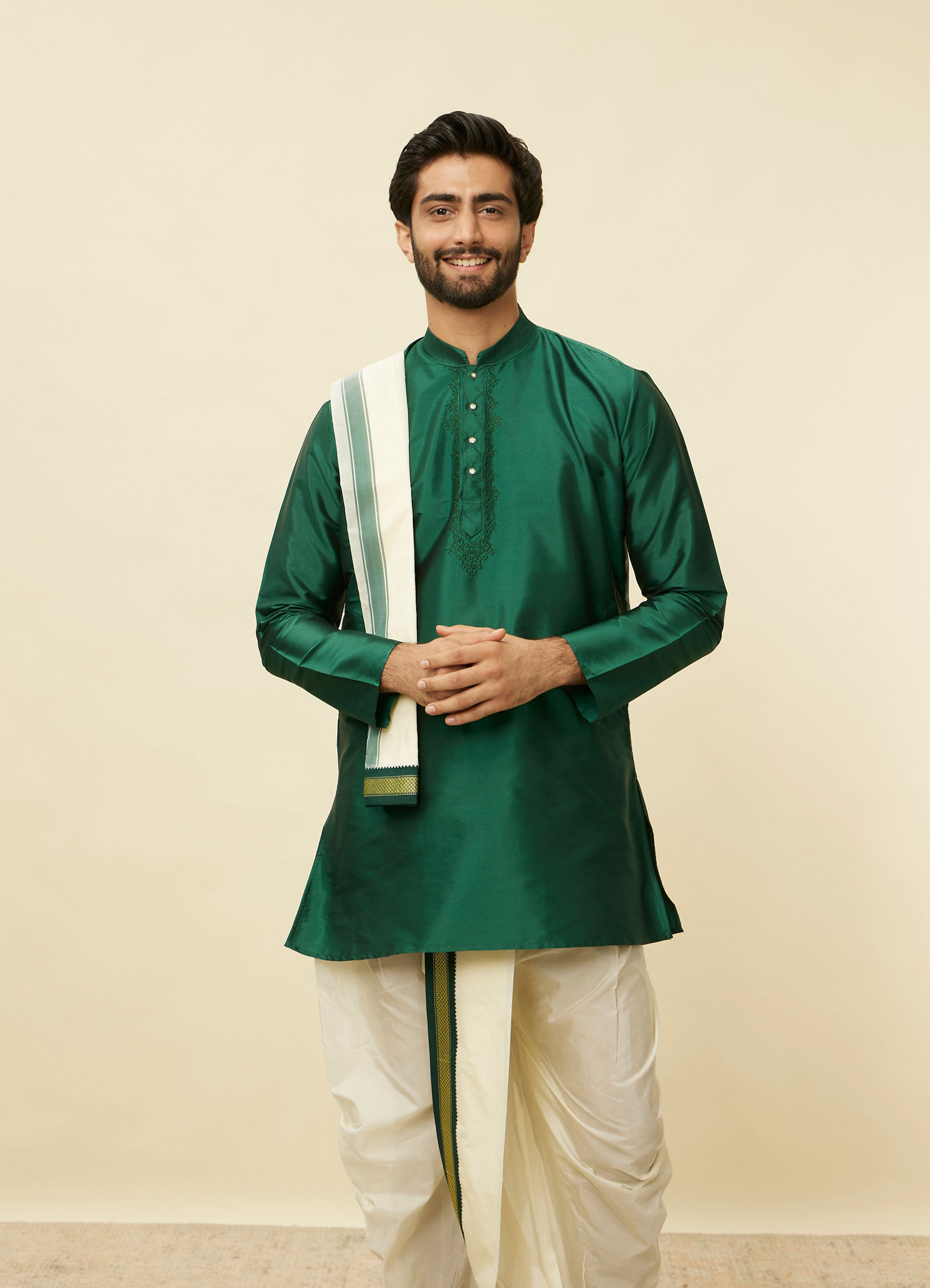 green dhoti dress Buy Forest and Cream Zari Detailed Traditional South Indian Set Online in the USA @Manyavar Emerald Gold