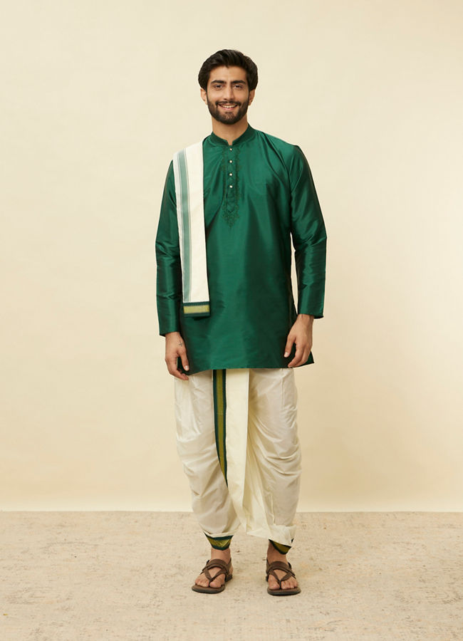 Manyavar Men Forest Green and Cream Zari Detailed Traditional South Indian Dhoti Set