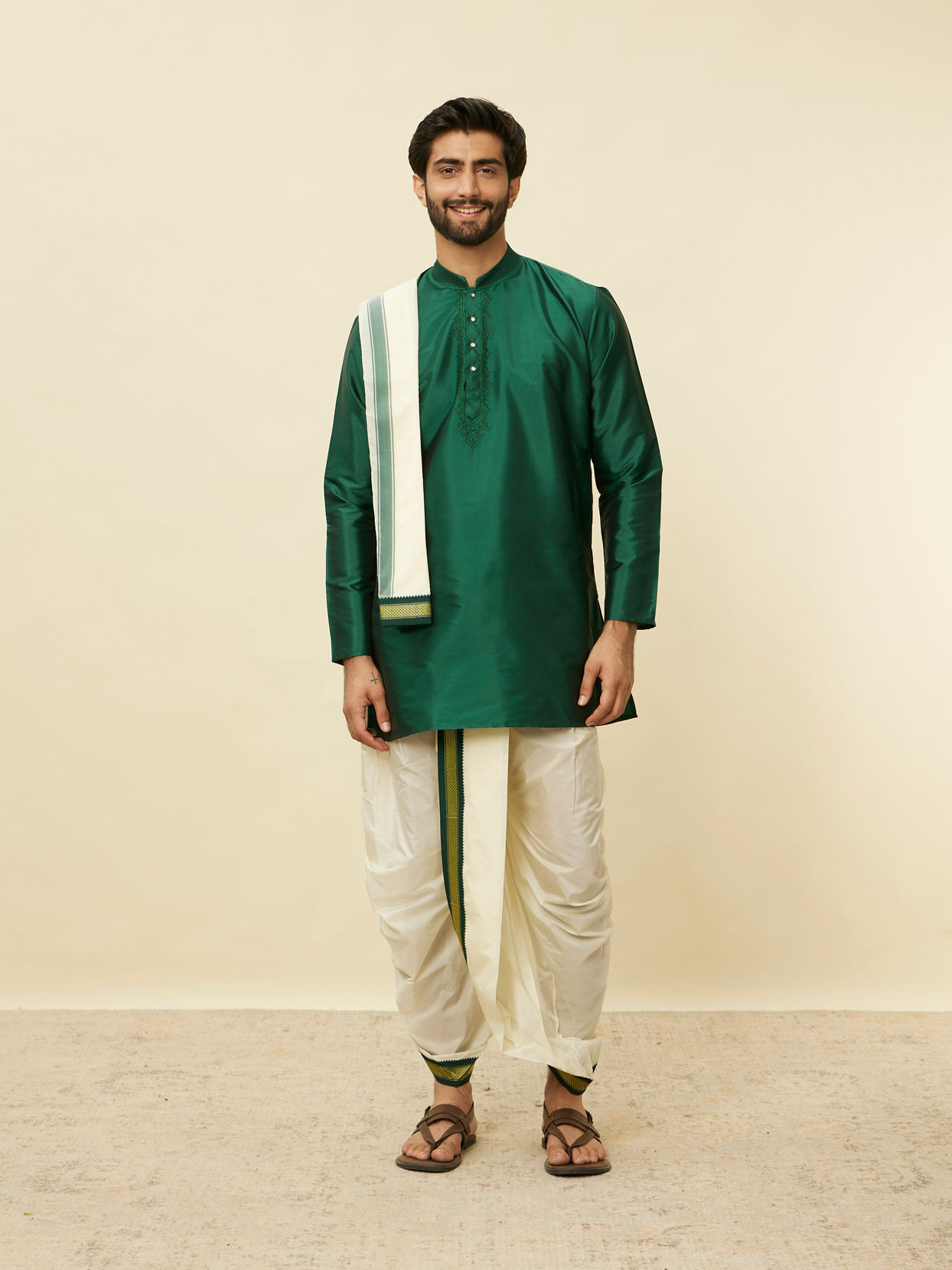 Manyavar Men Forest Green and Cream Zari Detailed Traditional South Indian Dhoti Set