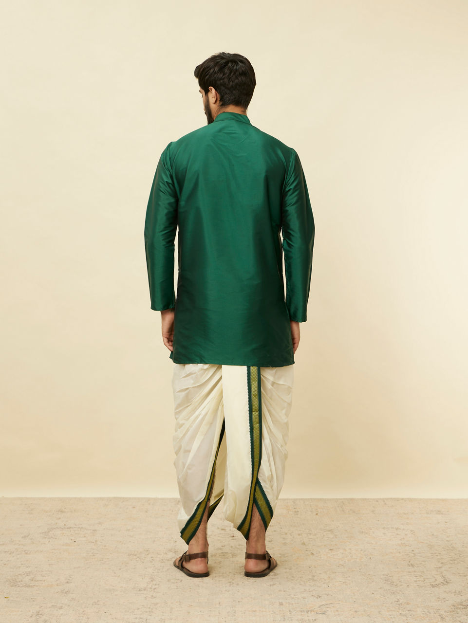Manyavar Men Forest Green and Cream Zari Detailed Traditional South Indian Dhoti Set