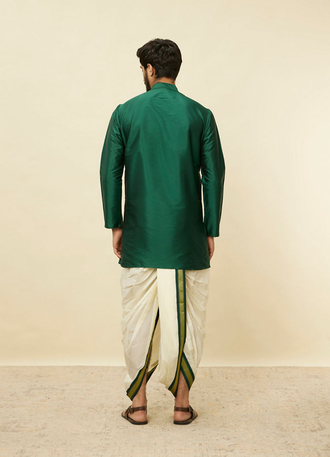 alt message - Manyavar Men Forest Green and Cream Zari Detailed Traditional South Indian Dhoti Set image number 5