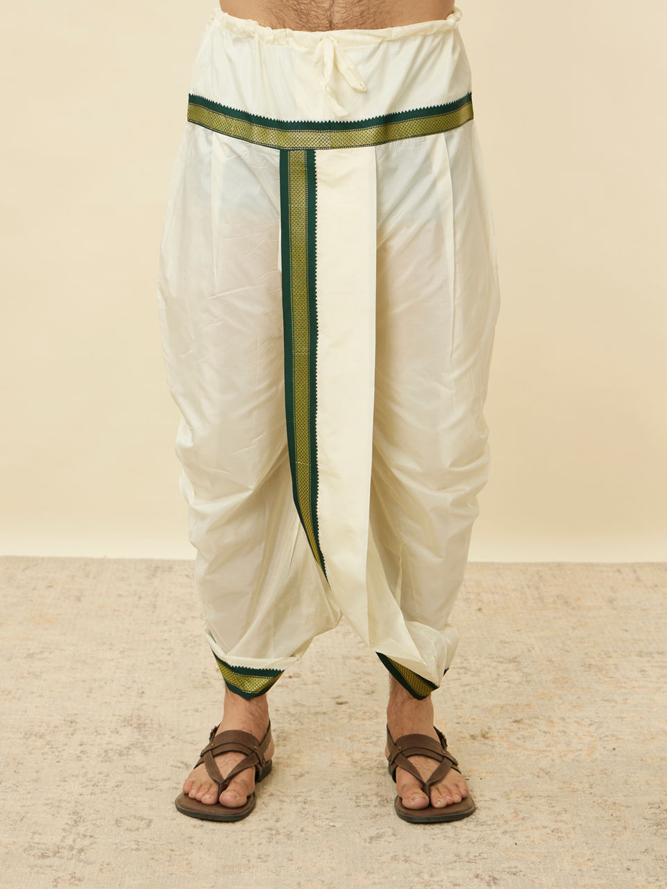 Manyavar Men Forest Green and Cream Zari Detailed Traditional South Indian Dhoti Set